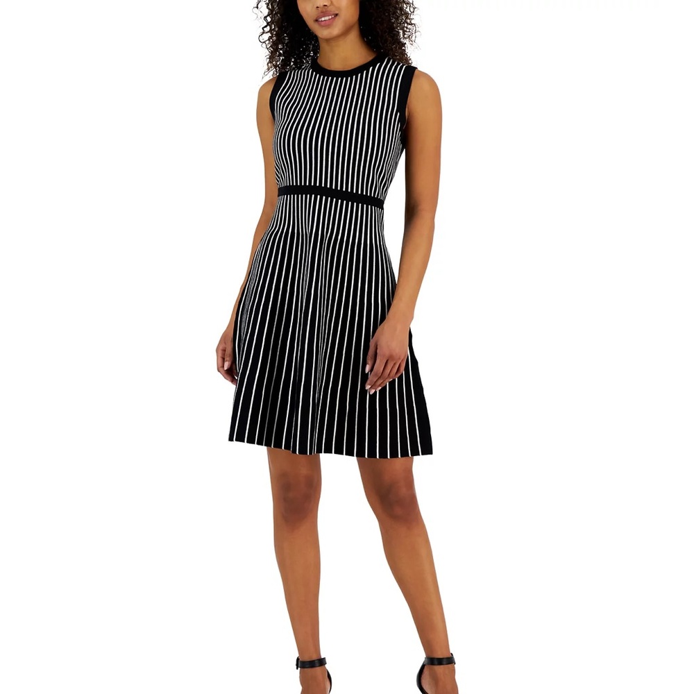 Anne Klein Women's Vertical Stripe Fit & Flare Sleeveless Dress